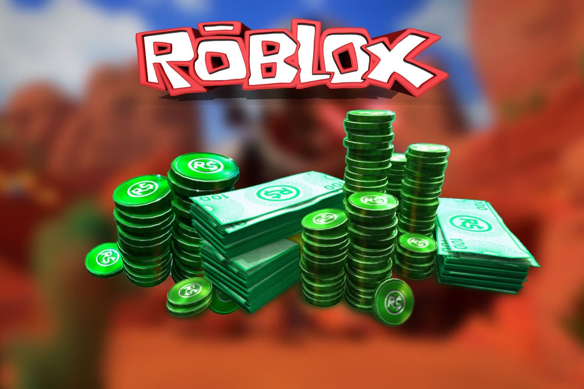 pile of robux behind roblox logo